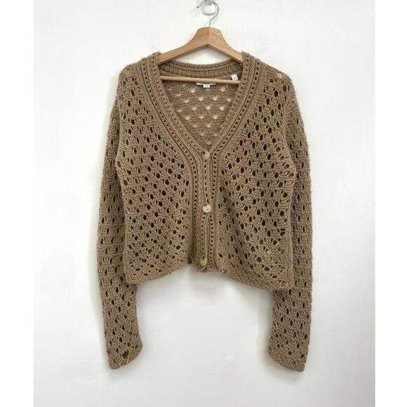 VINCE. Crochet Open Knit Wool Cashmere Luxury Cardigan Amber Light - Medium - Picture 1 of 10